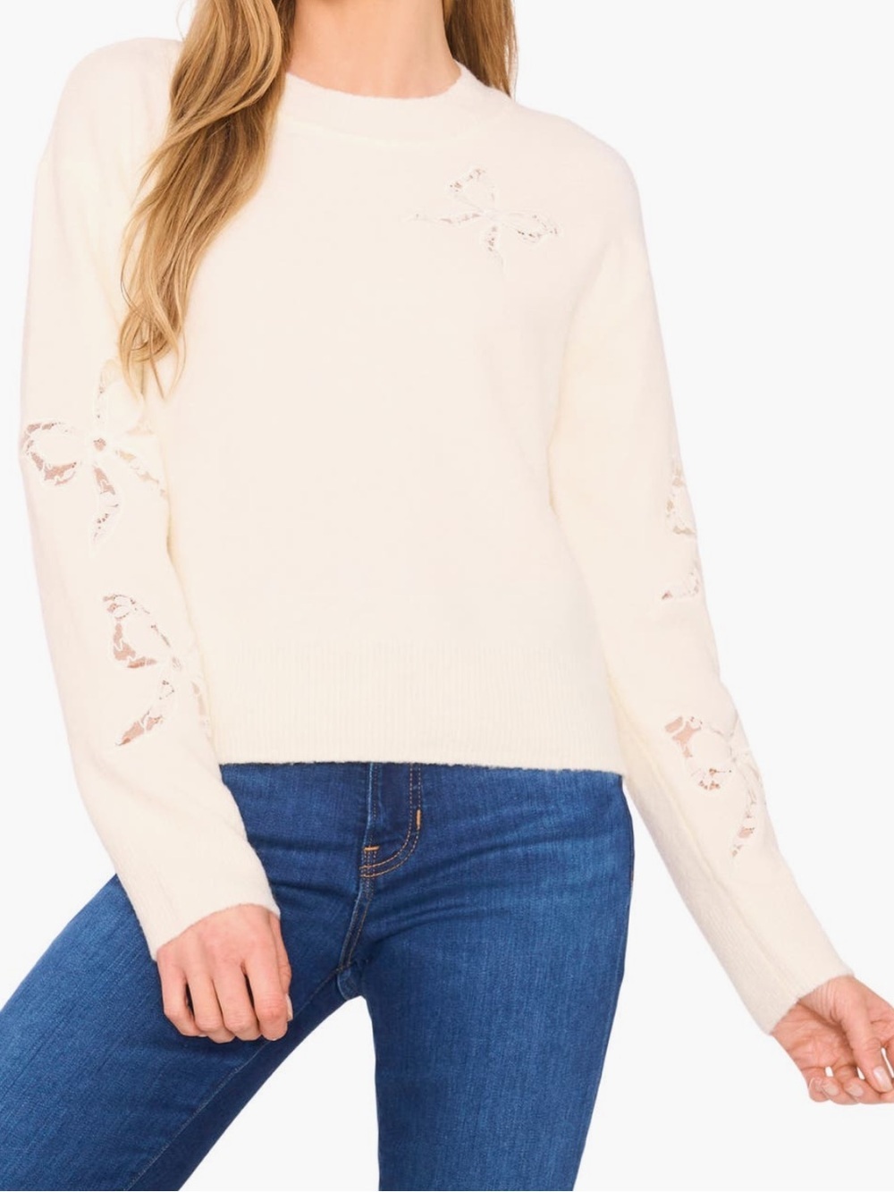 CeCe Lace Bow Inset Sweater in Buttercream Size X-Large NWT